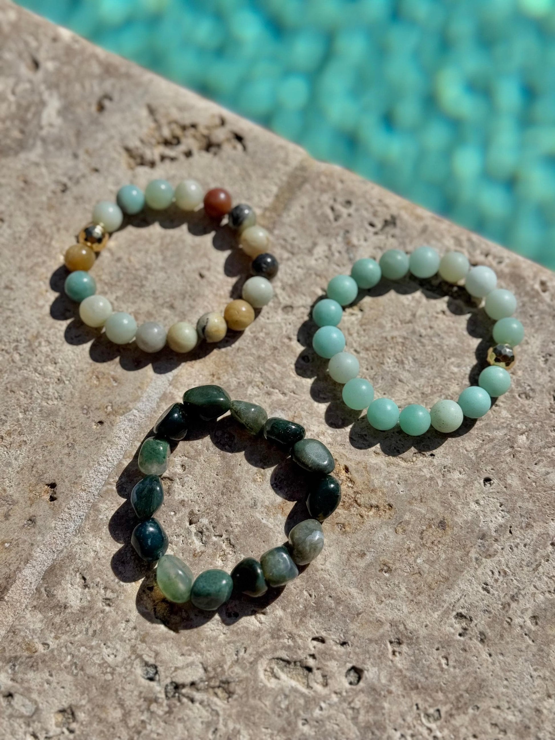 Acqua Bracelets - High-Quality Stretch Elastic - Frosted Amazonite Bracelet - Polished Amazonite Bracelet - Moss Agate Bracelet