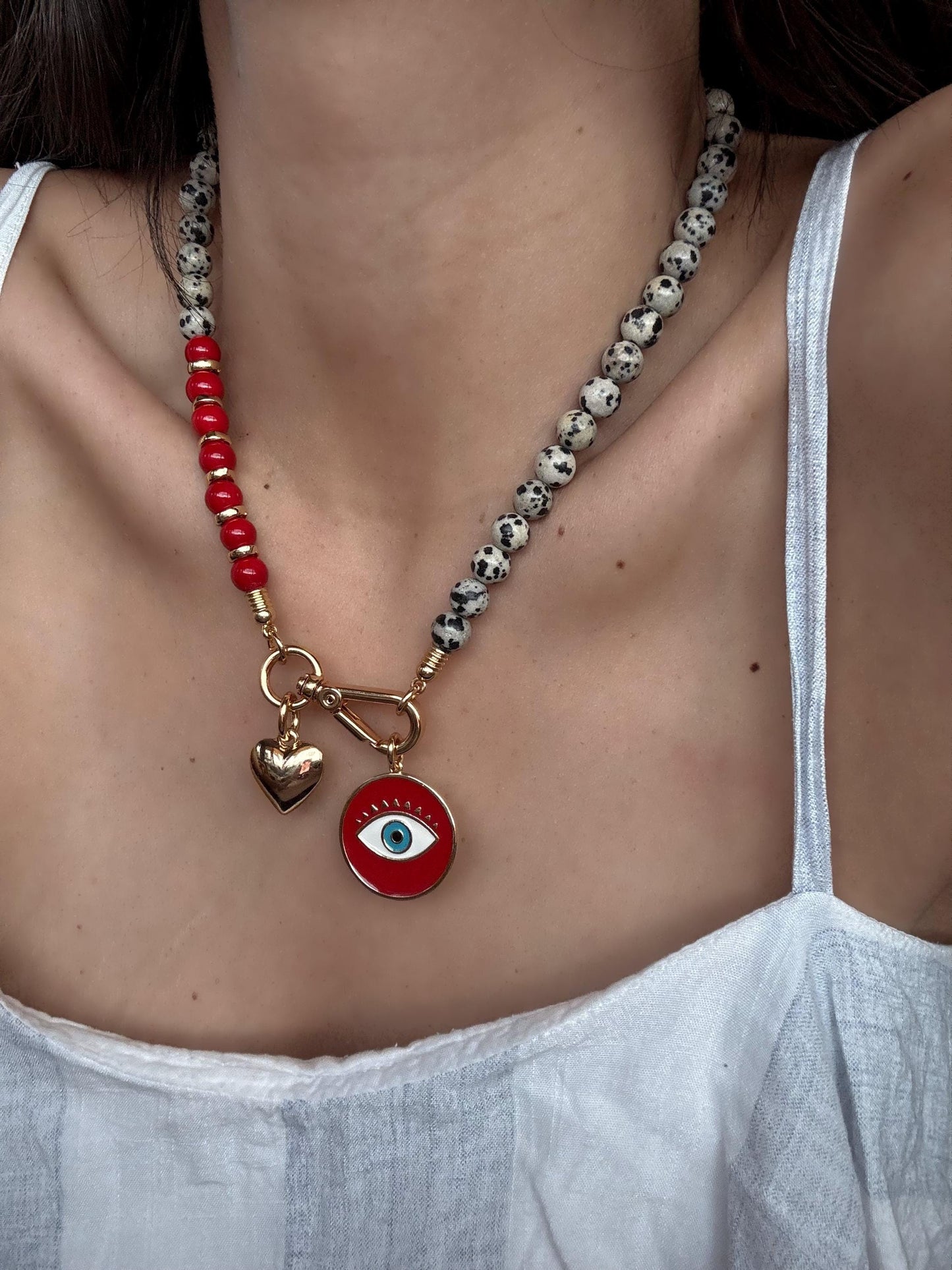 Red and Dalmatian Evil Eye Necklace