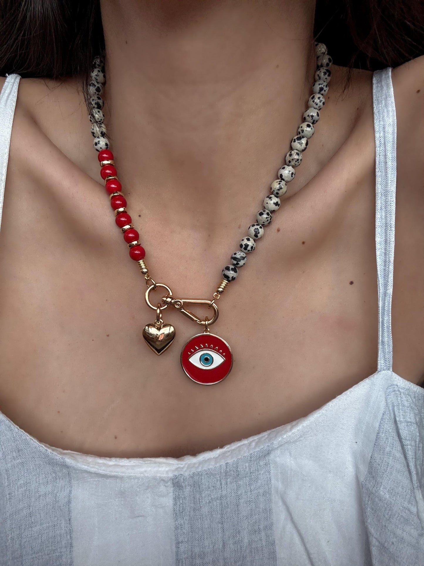 Red and Dalmatian Evil Eye Necklace