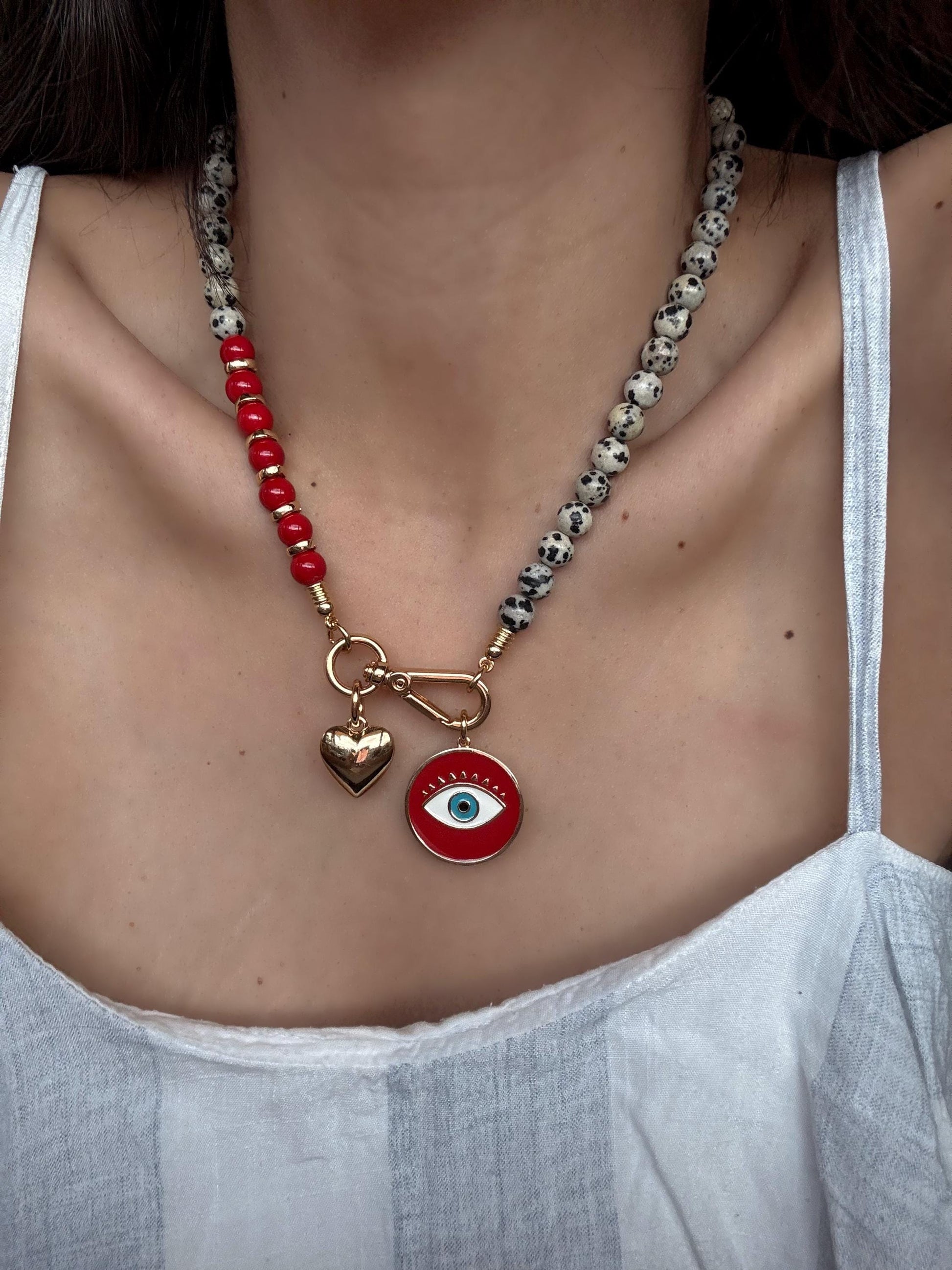Red and Dalmatian Evil Eye Necklace