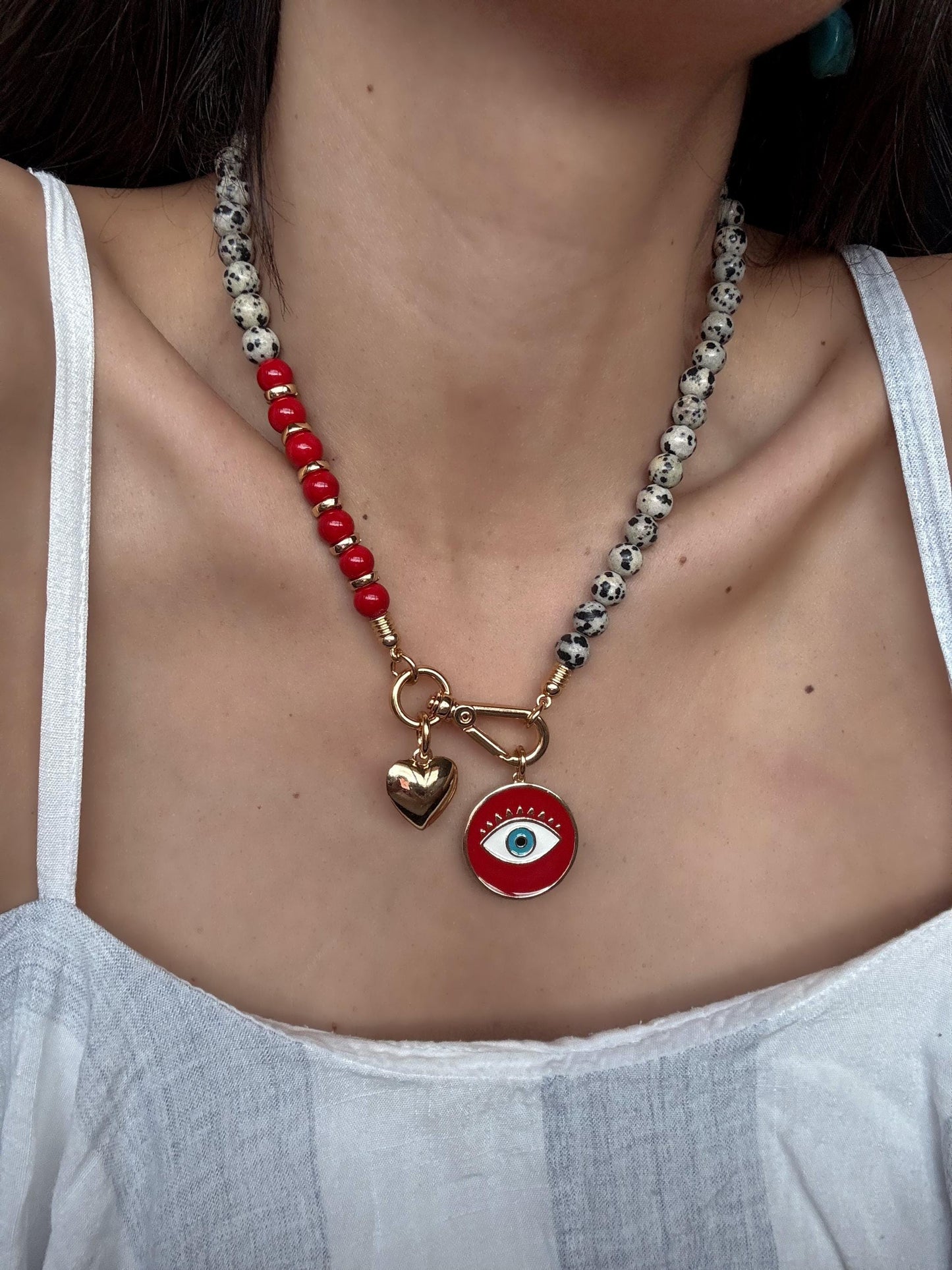 Red and Dalmatian Evil Eye Necklace