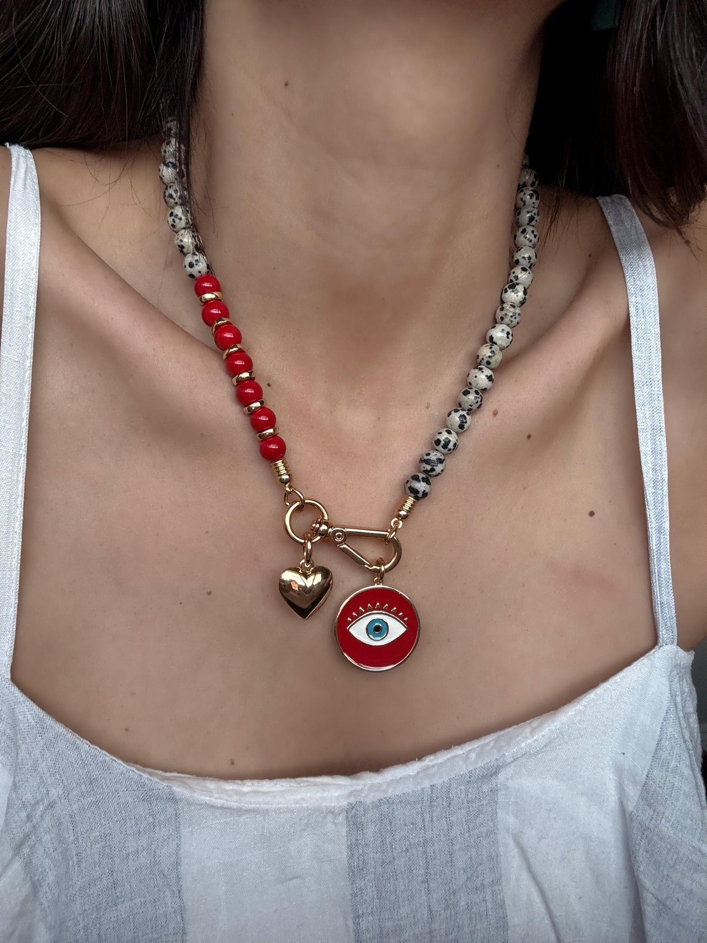 Red and Dalmatian Evil Eye Necklace