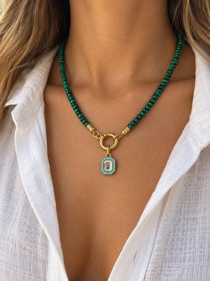 Faux malachite beaded necklace by AVINZIA — green swirled beads with gold octagon pendant