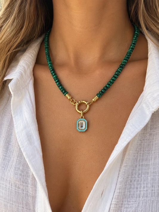 Faux malachite beaded necklace by AVINZIA — green swirled beads with gold octagon pendant