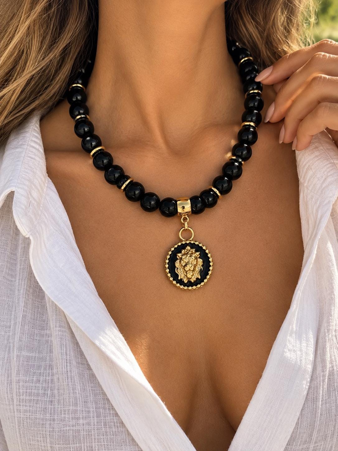 Black onyx lion necklace — handmade in Florida by AVINZIA (photo 8)