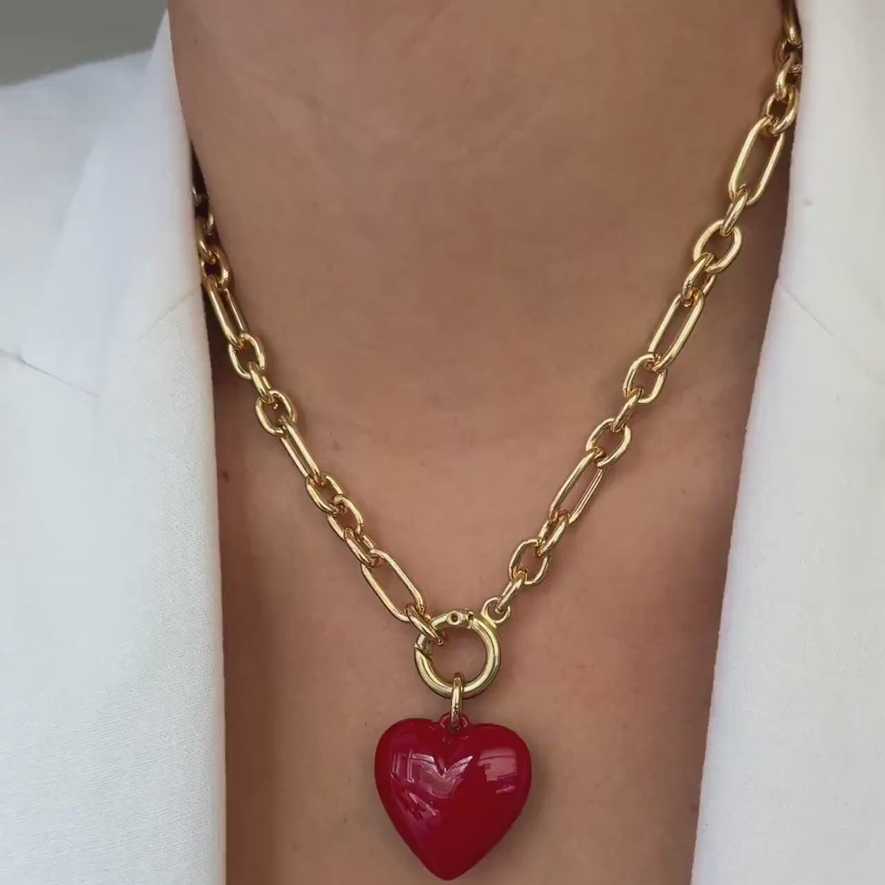 Bubble Red Puffy Heart Charm Necklace: Chunky Gold Chain, 18"