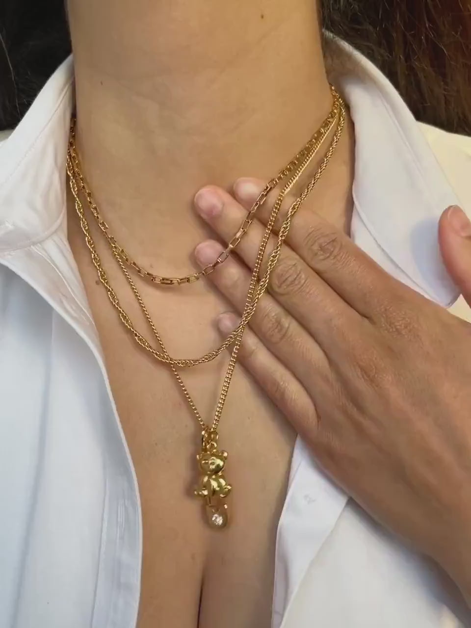 Gold Layer Necklace Set | Gold Link Chain Necklace | Ted Bear and Safety Pin Charm Necklace Chain | Gold Rope Necklace | Gold Box Chain