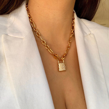 Paved lock necklace with crystal padlock pendant